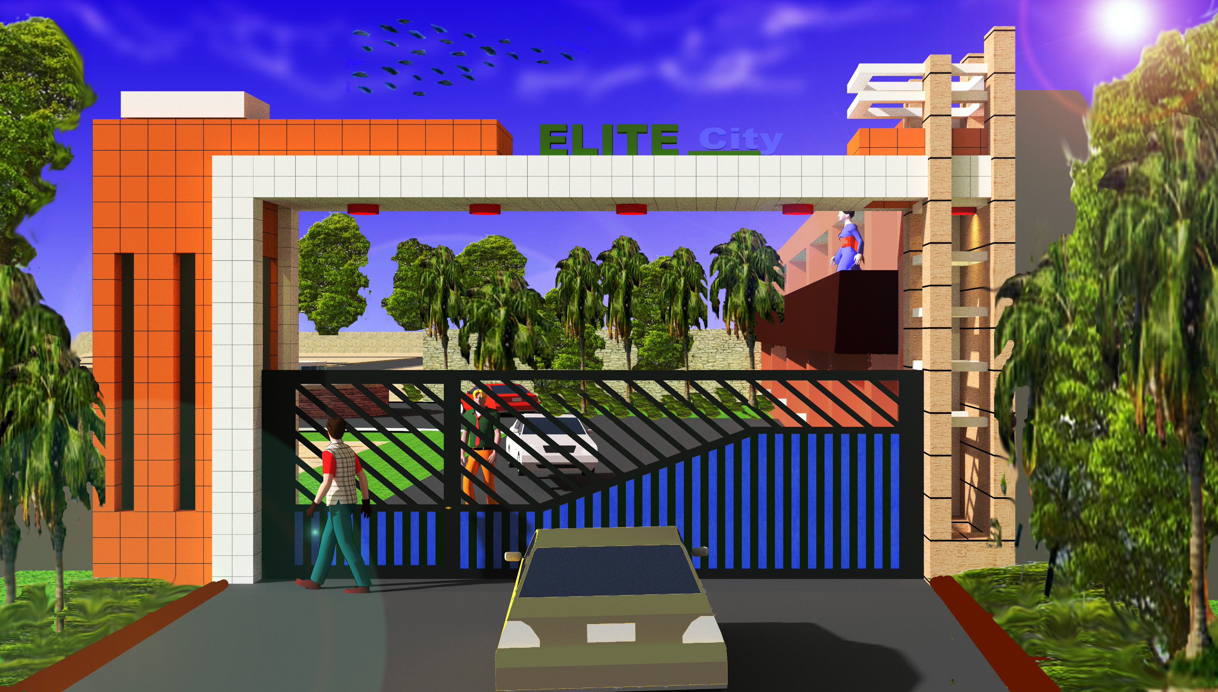 3D render of the gated community entrance