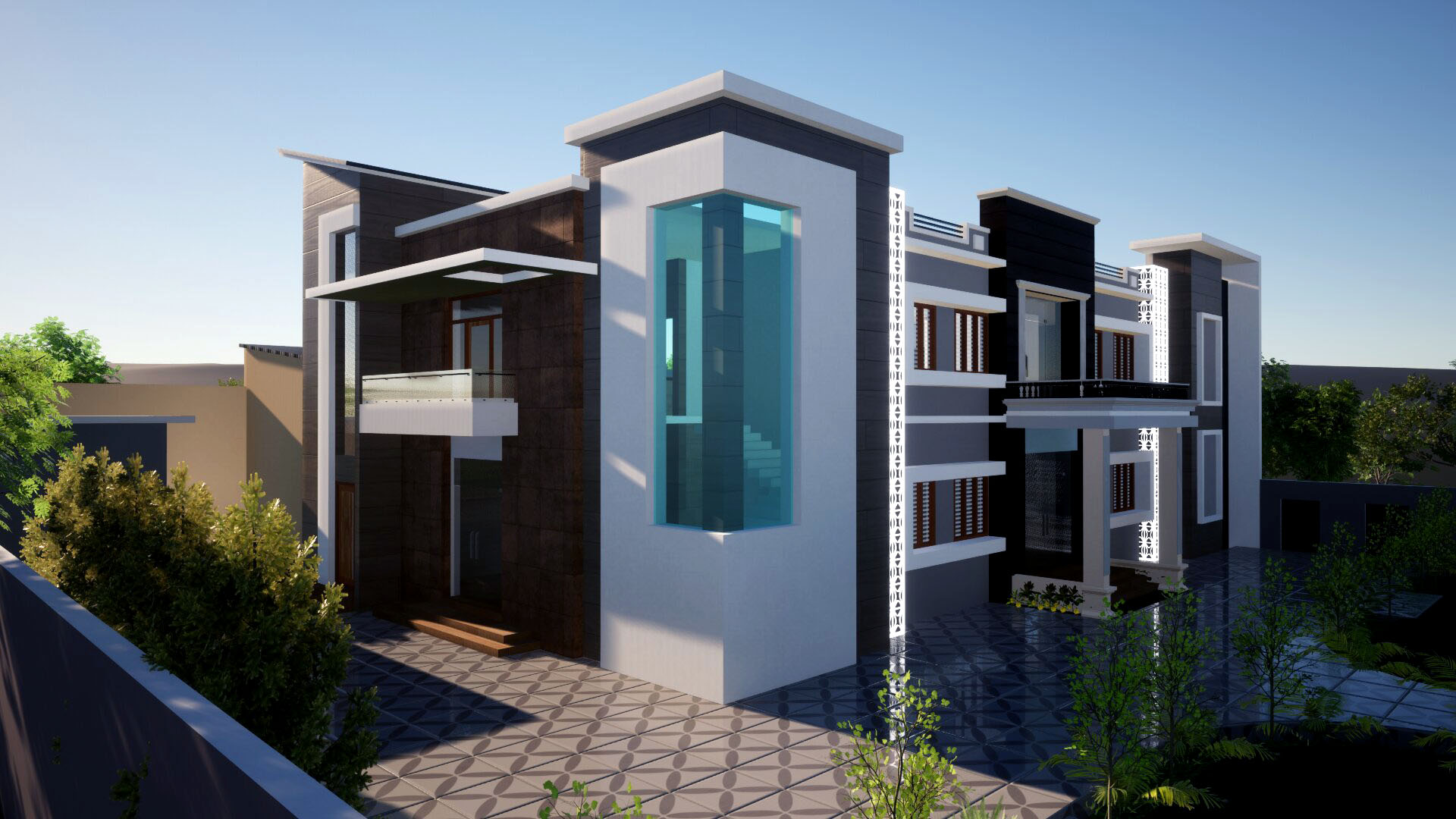 3D render of a contemporary grey and white residence with a corner glass feature