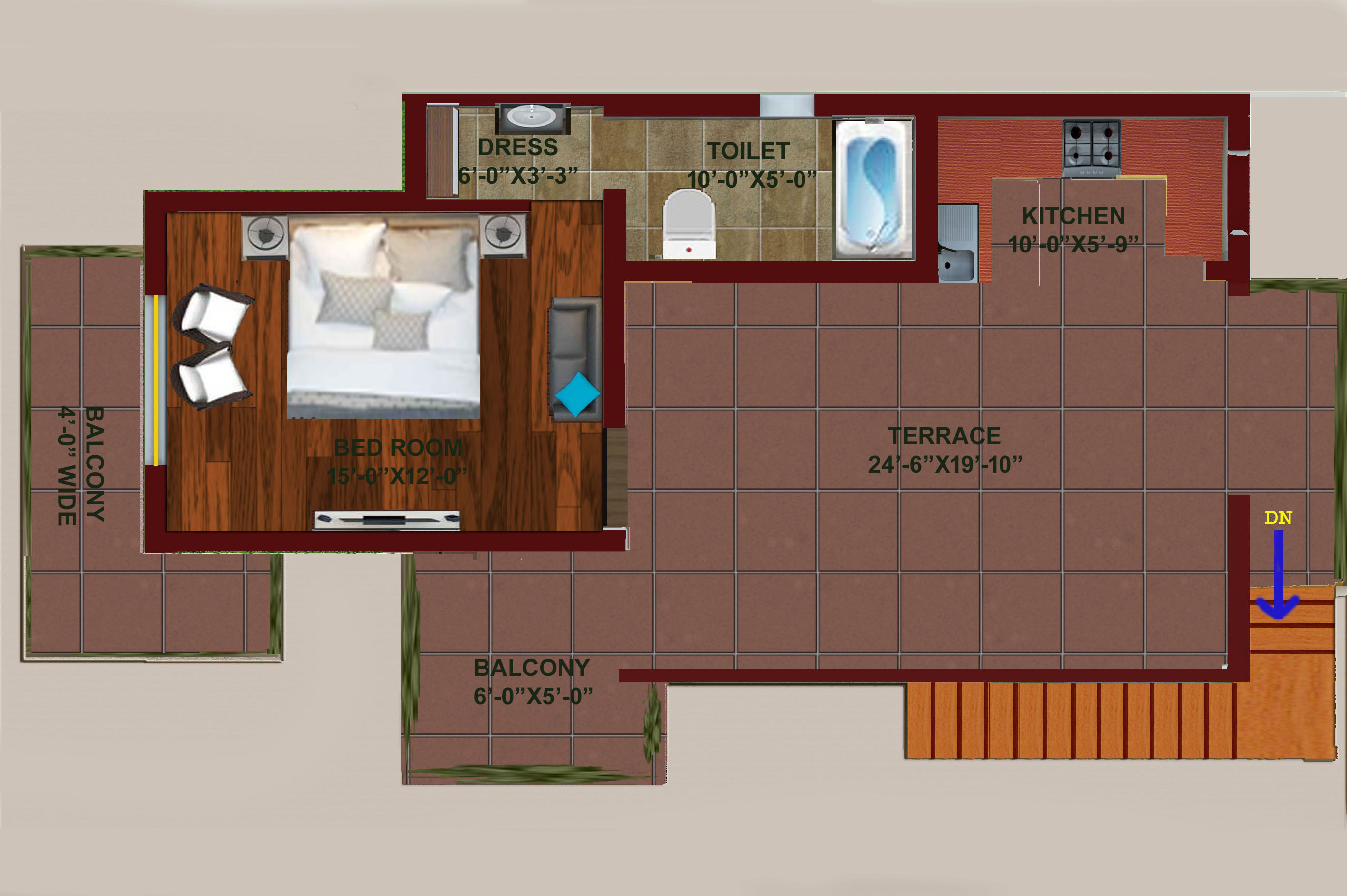 Coloured floor plan of an apartment unit with terrace