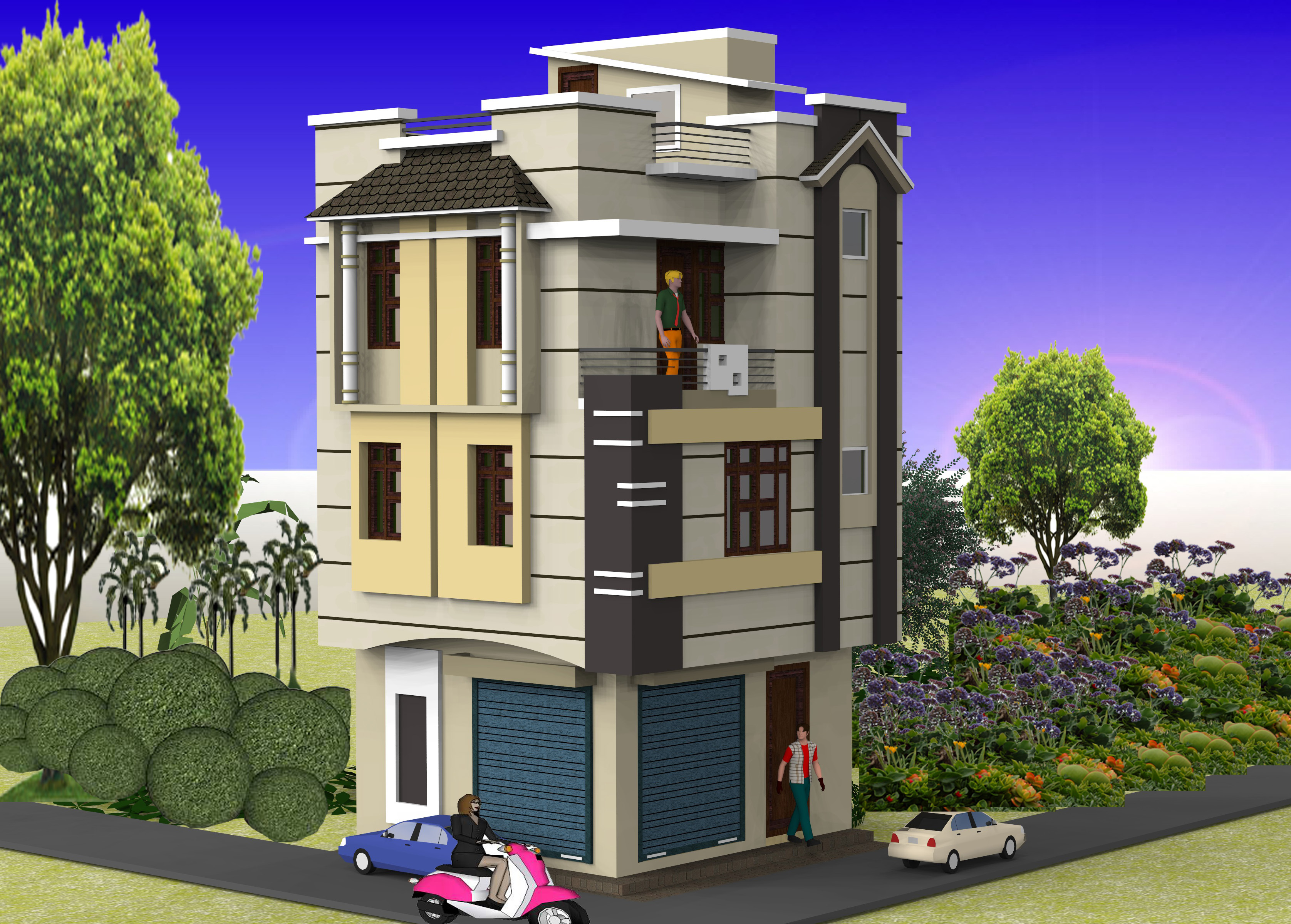 3D elevation of a narrow four-storey building with a ground floor shop