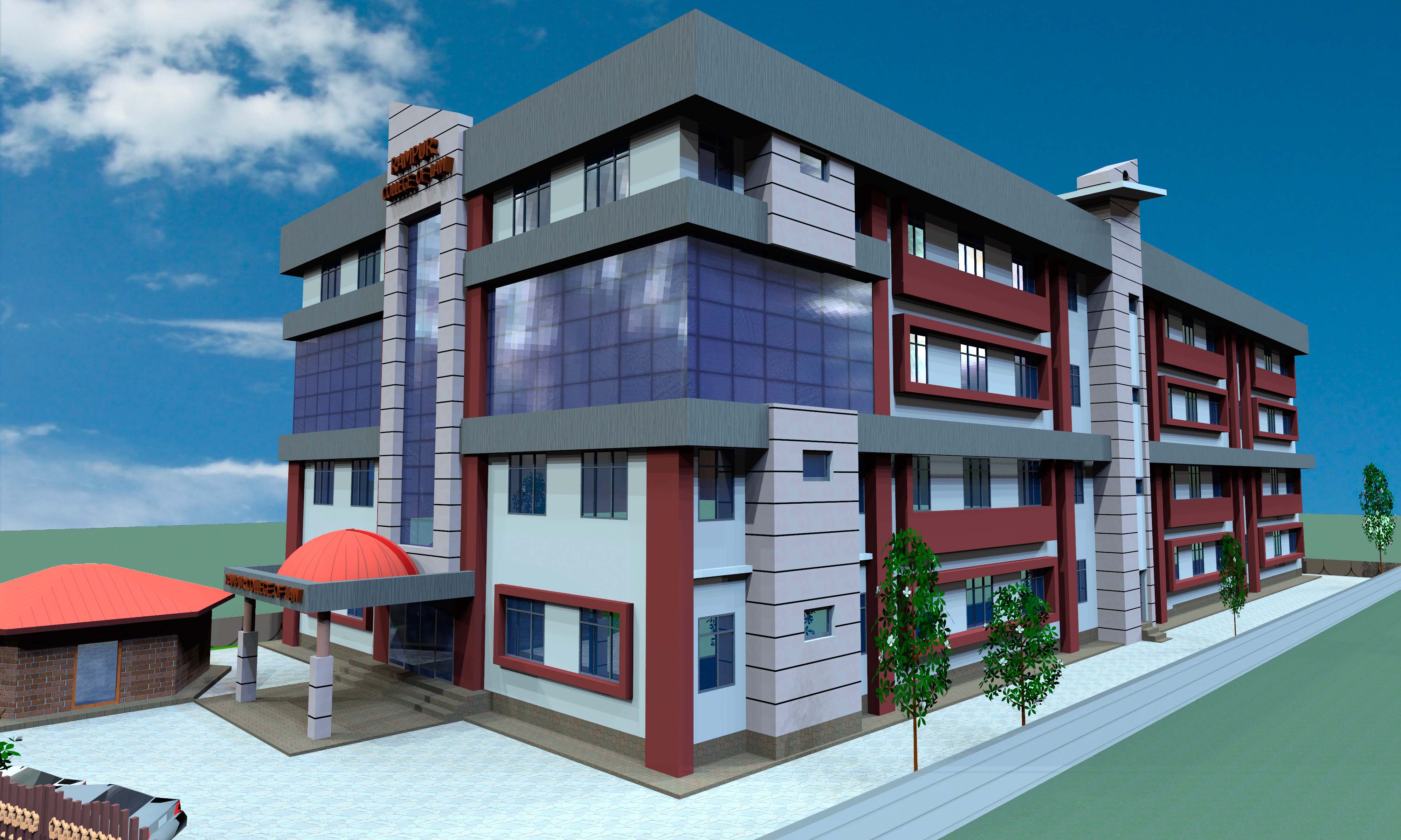 Educational and office building elevation in grey and maroon