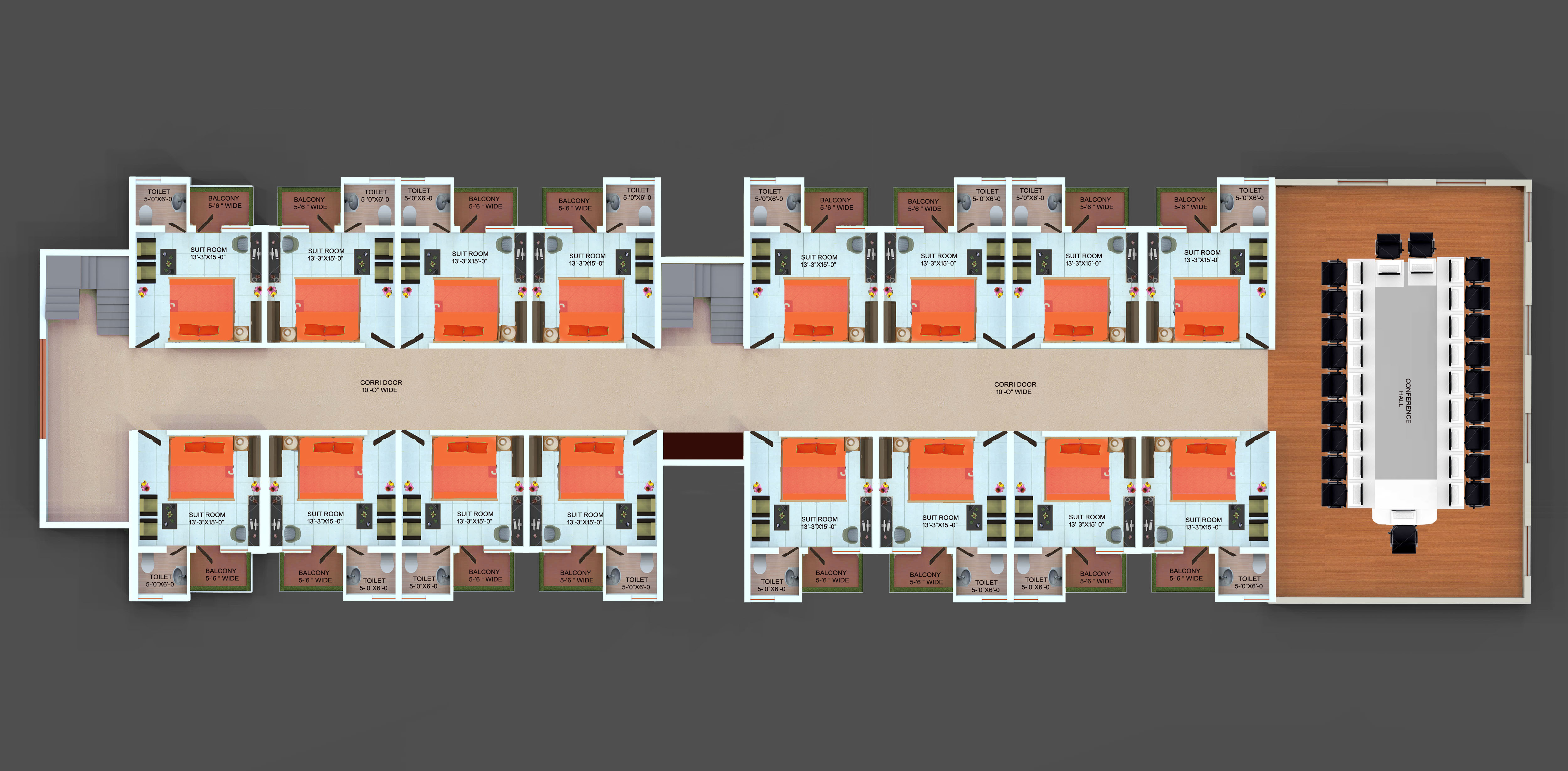 Floor plan showing central corridor, suites and conference hall
