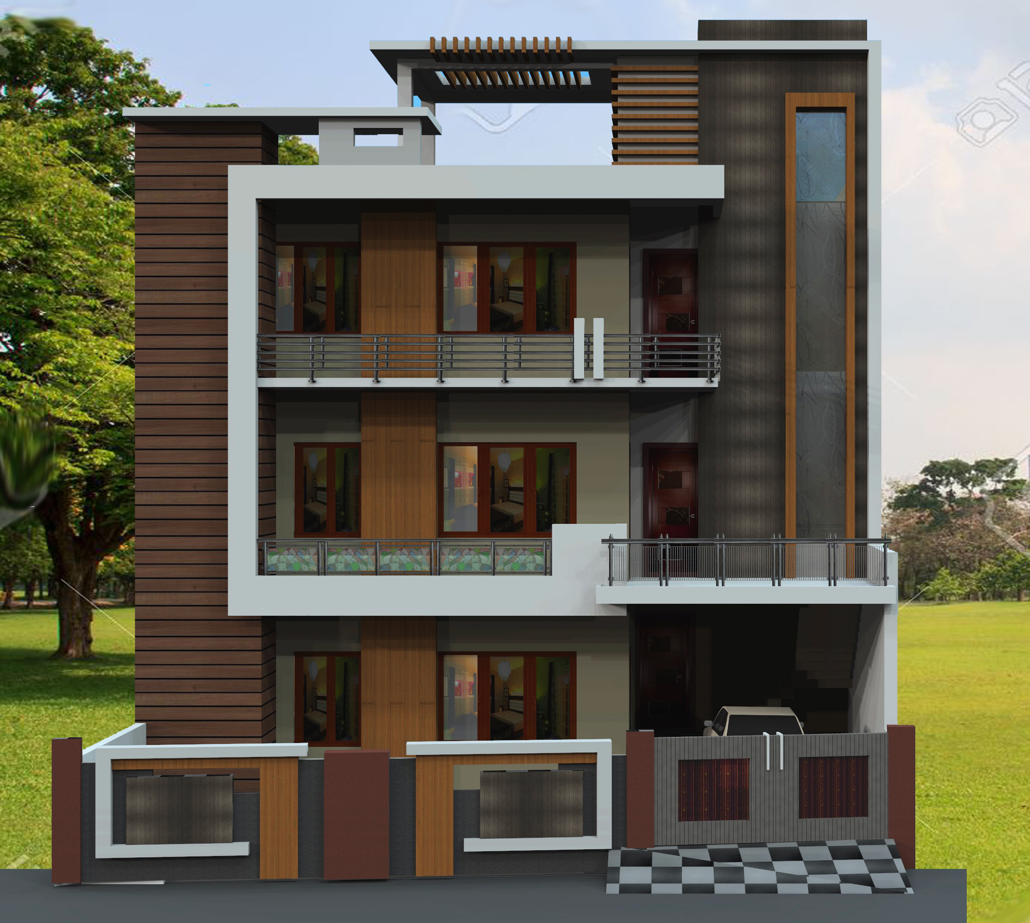 Front elevation render of a three-storey apartment residence with wood and stone textures