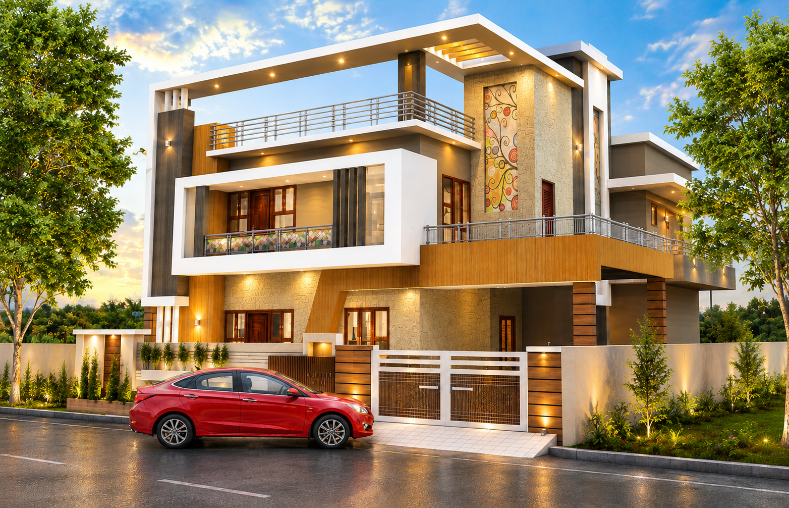 Perspective view showing overhangs and driveway